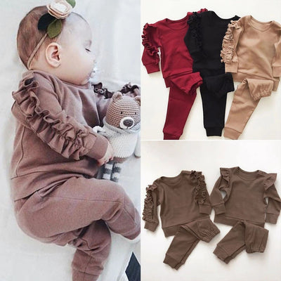 Solid Long Sleeve Ruffled Jumper and Sweatshirt Top with Pants - 2-Piece Fall Outfit for Newborn Boys and Girls