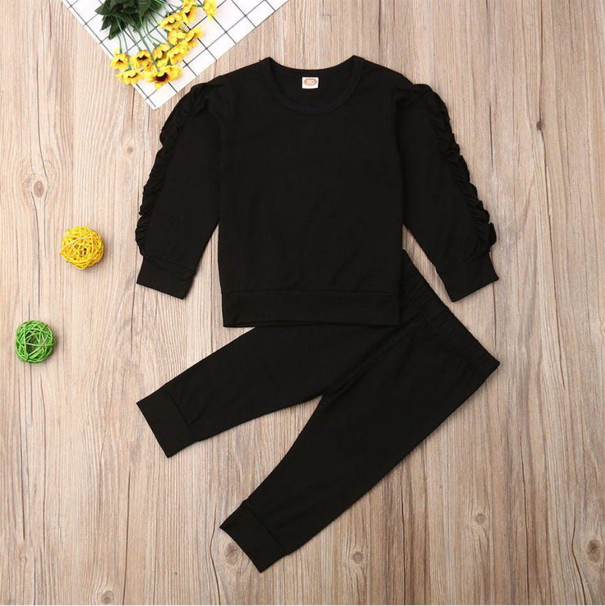 Solid Long Sleeve Ruffled Jumper and Sweatshirt Top with Pants - 2-Piece Fall Outfit for Newborn Boys and Girls