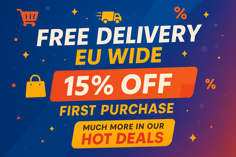 Create me banner advertisement “For free delivery in EU Wide and 15% for first purchase and much more in our Hot deals”