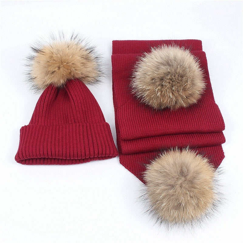 Outdoor warm raccoon fur ball wool hat scarf set