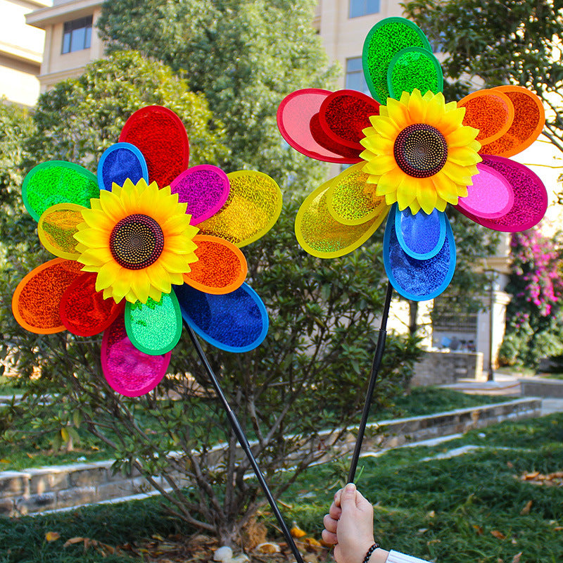 Best Selling Children's Toy Double-Layer Sequined Sunflower Plastic Windmill Outdoor Garden Decoration Colorful Windmill