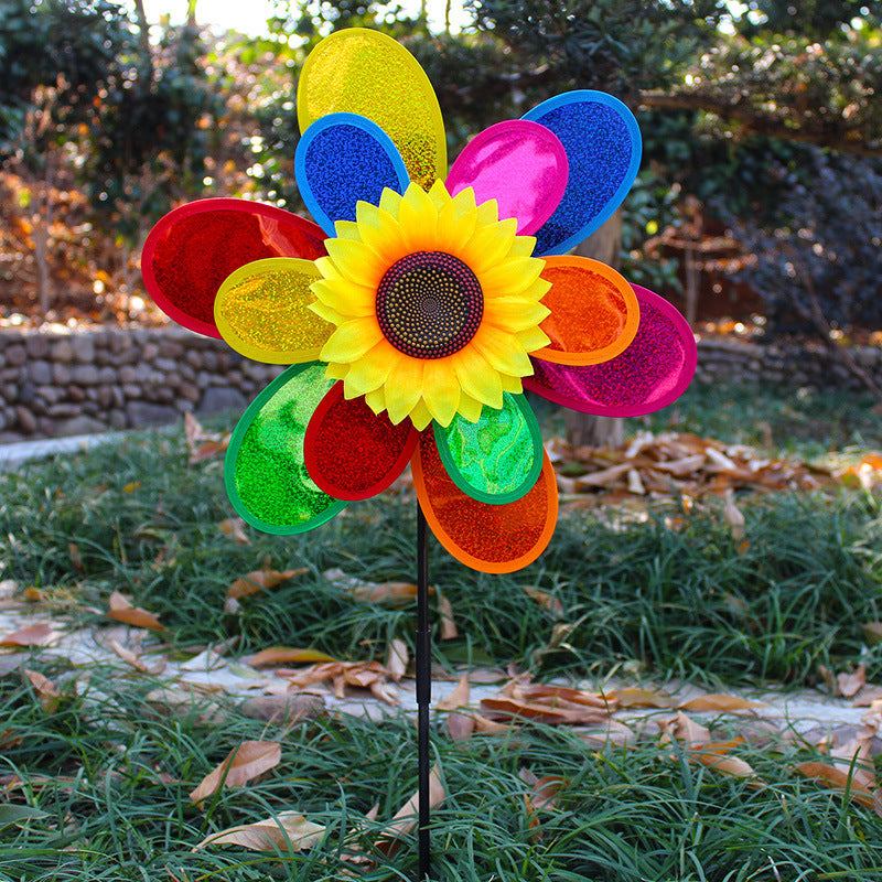 Best Selling Children's Toy Double-Layer Sequined Sunflower Plastic Windmill Outdoor Garden Decoration Colorful Windmill