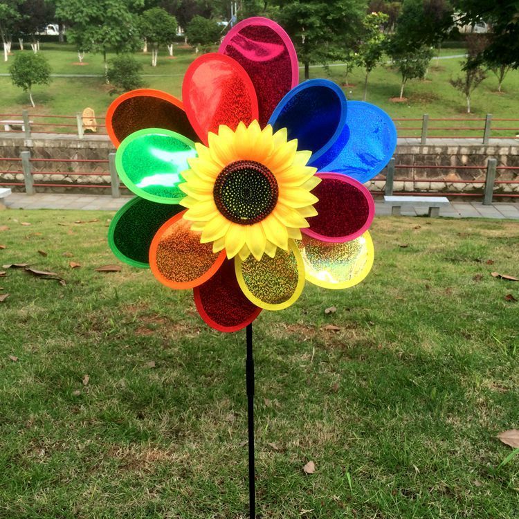 Best Selling Children's Toy Double-Layer Sequined Sunflower Plastic Windmill Outdoor Garden Decoration Colorful Windmill