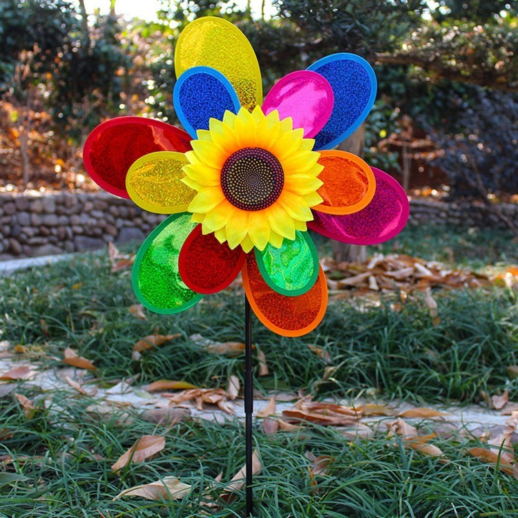 Best Selling Children's Toy Double-Layer Sequined Sunflower Plastic Windmill Outdoor Garden Decoration Colorful Windmill