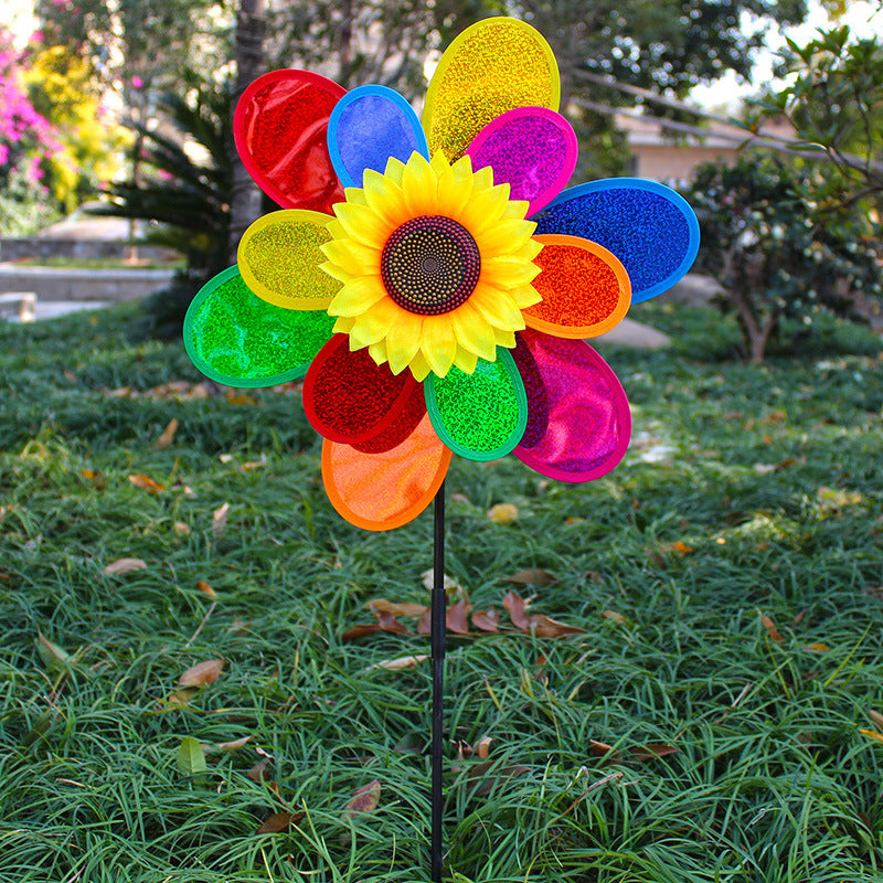 Best Selling Children's Toy Double-Layer Sequined Sunflower Plastic Windmill Outdoor Garden Decoration Colorful Windmill