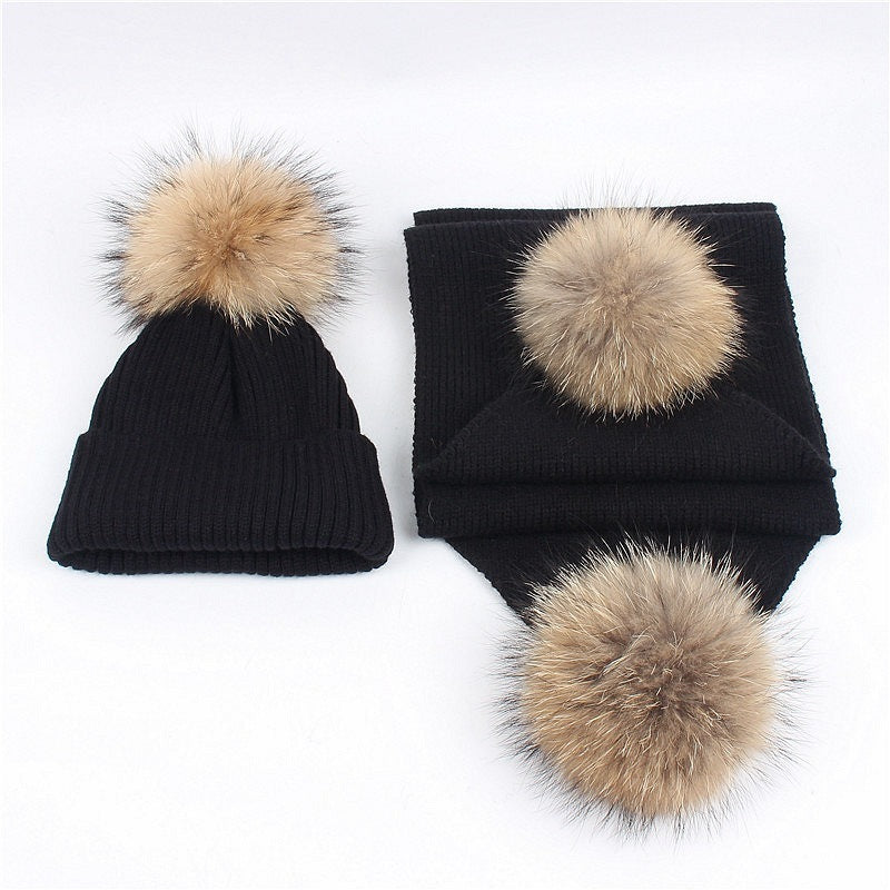 Outdoor warm raccoon fur ball wool hat scarf set