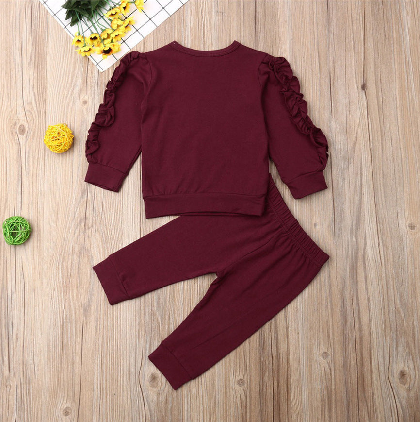 Solid Long Sleeve Ruffled Jumper and Sweatshirt Top with Pants - 2-Piece Fall Outfit for Newborn Boys and Girls