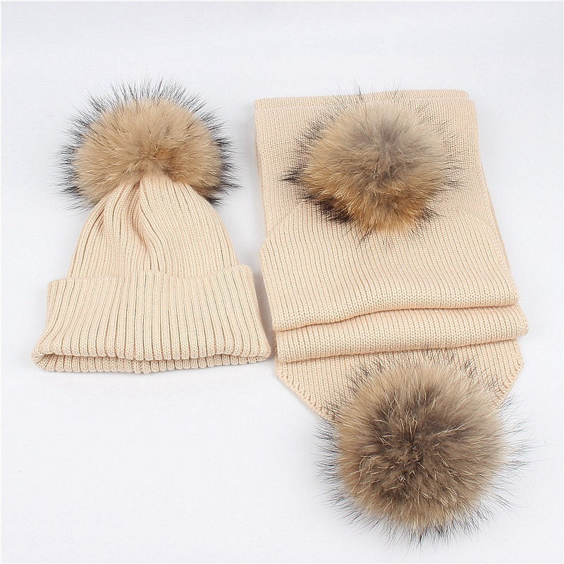 Outdoor warm raccoon fur ball wool hat scarf set