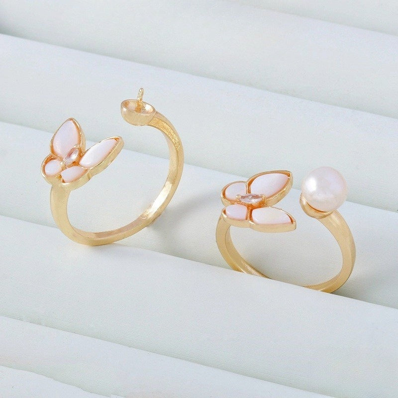 14K Gold-plated Color Retention Inlaid Zircon Natural White Shell Butterfly Pearl Ring